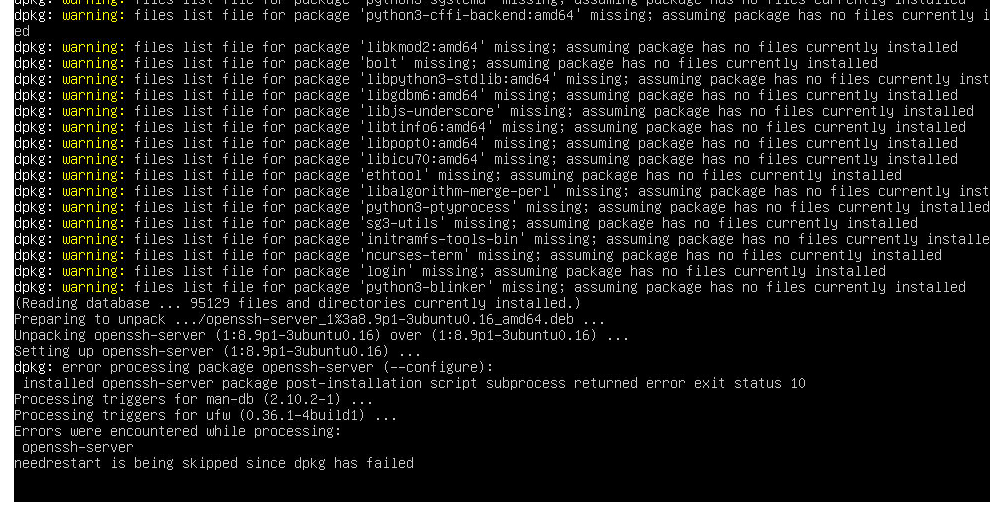 安装ssh报错needrestart is skipped since dpkg has failed